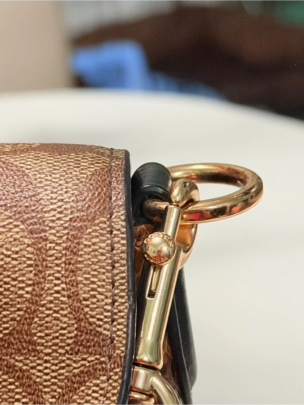 Coach Tan Signature Canvas Shoulder Bag with Black Trim